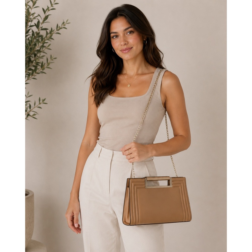 Melie Bianco Shoulder Bag Womens Medium Tan Gold Chain Strap Vegan Leather